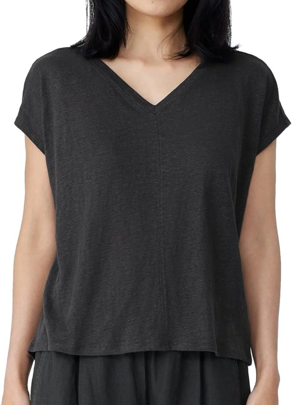 Eileen Fisher Organic Linen Vneck Boxy Tee XL Black